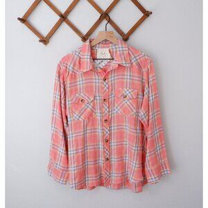 NEW Fantastic Fawn Womens Coral Plaid Button Down Pocket Western Shirt, Med